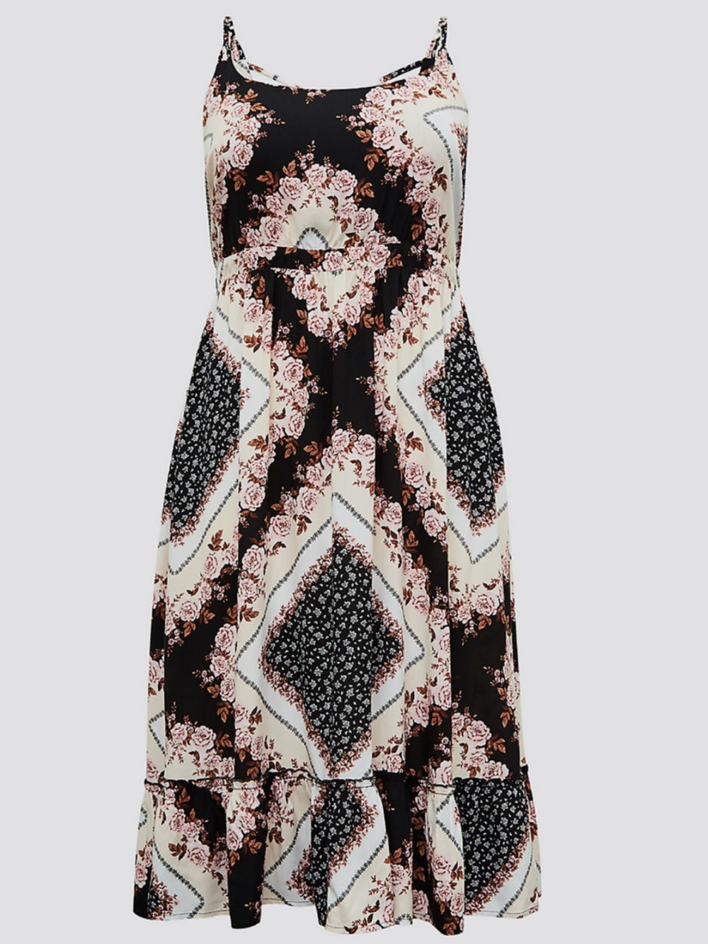 TORRID WOMEN'S SCARF PRINT CHALLIS SHIRRED HEM MIDI DRESS Sz 1